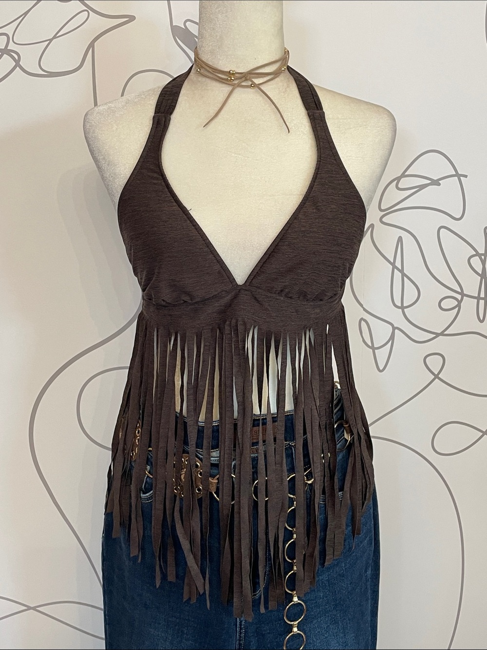 Mossimo-Festival Ready Brown Fringe Halter Camisole size L